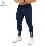 Happybuyner Mens กีฬาฟิตเนสออกกำลังกายเข้ารูปพอดี Tracksuit กางเกงขายาวรัดรูปสกินนี่ Sweatpants กางเกงซับเหงื่อปลอดภัยกระเป๋าซิป