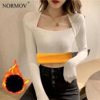 NORMOV Sexy Winter Warm Sweater Square Collar Plus Velvet Long Sleeve Sweaters Pullover Knitted Sweater Winter Tops Women Jumper