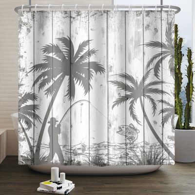 Vintage Shower Curtain Rustic Wood Panel Grey Tropical Palm Tree Fishing Waterproof Bathroom Curtains with Hooks Customizable