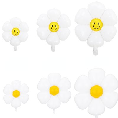 Lamontuo ลูกโป่งฟอยล์รูปดอกเดซี่ยิ้มสีขาว2/3/5ชิ้นลูกบอลลายดอกไม้ดอกทานตะวันของตกแต่งงานปาร์ตี้วันเกิดงานแต่งงานอุปกรณ์ประกอบฉากอาบน้ำเด็ก