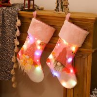 Pink Rudolph Christmas Stockings with Light for Indoor Supermarket Decoration Navidad Tree Hanging Socks Festival Candy Bags