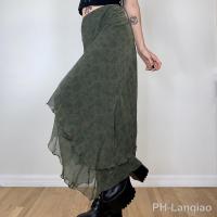 【LZ】✴✹  Elegante senhora irregular cintura alta midi saias grunge 2000s plissados estéticos chiffon saia vitnage streetwear verde roupas