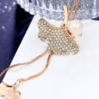 Ginkgo leaf Sweater chain long imitation pearl necklace for women autumn winter versatile fashion personality accessories