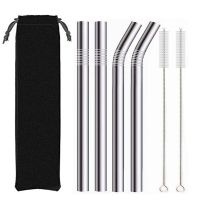 4Pcs Silver 12mm Reusable Metal Straws with 2 Brush 304 Stainless Steel Straws Set Bar Drinking Bent Straw