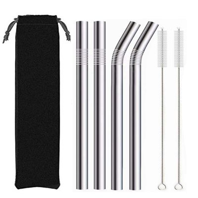 4Pcs Silver 12mm Reusable Metal Straws with 2 Brush 304 Stainless Steel Straws Set Bar Drinking Bent Straw Large Caliber