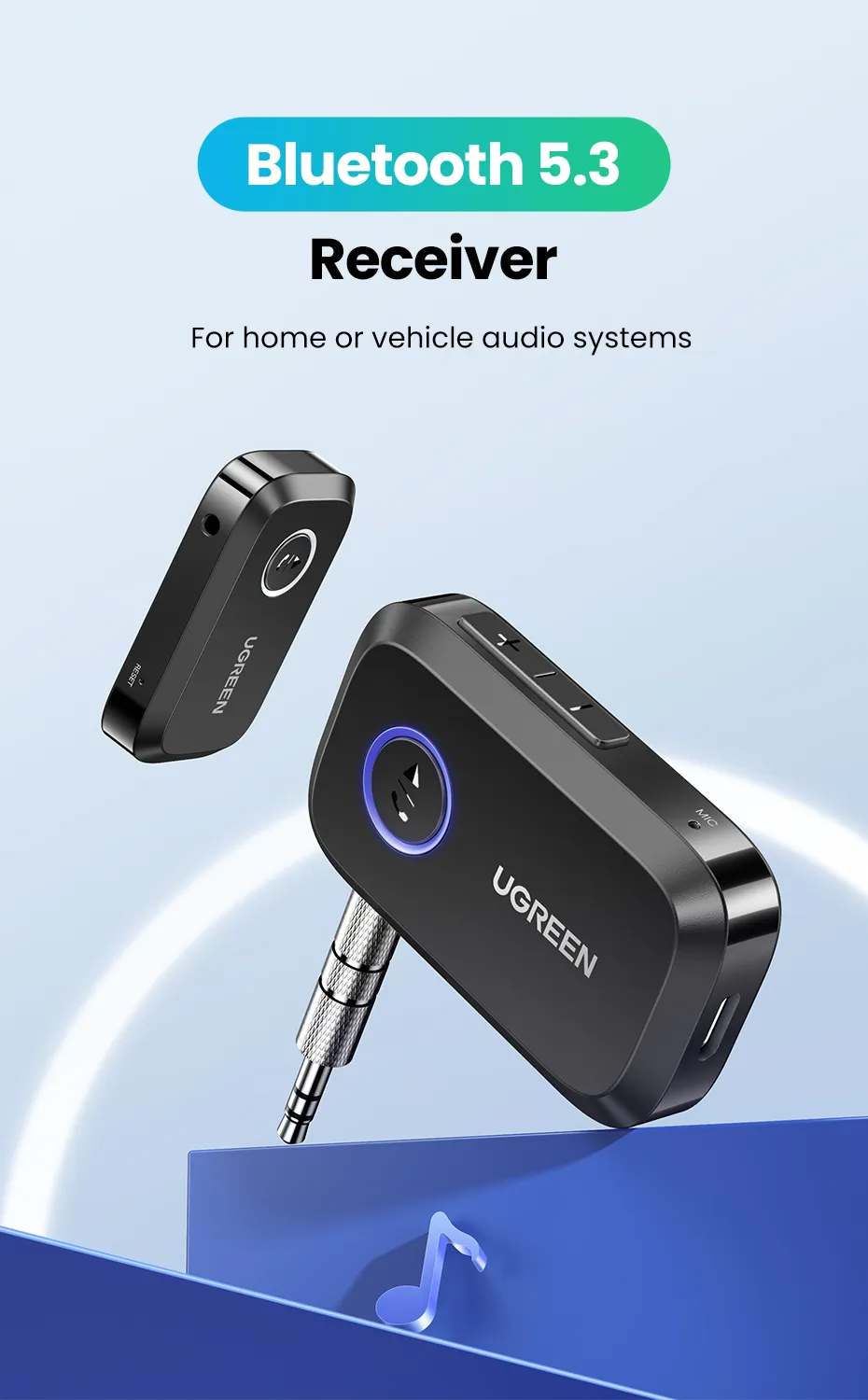 UGREEN 5.3 Aux Bluetooth Adapter for Car, [Greater Connection] Bluetooth  Aux Adapter for Car, Bluetooth aux for Wireless Audio Receiver for Home