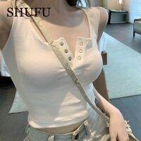 SHUFU 2108 พร้อมสต็อก เสื้อครอปคอวี ท็อปส์ซูแขนกุดสำหรับผู้หญิง ขนาดบวก ที่ราบ