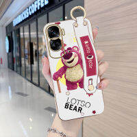 Hpcase เคสสำหรับ Honor 90 5G 90 Lite 5G พร้อมสายรัดข้อมือการ์ตูนขอบสี่เหลี่ยมน่ารักลายหมี Lotso ปลอกชุบเคสโทรศัพท์หรูหราชุบเคสโทรศัพท์นิ่ม