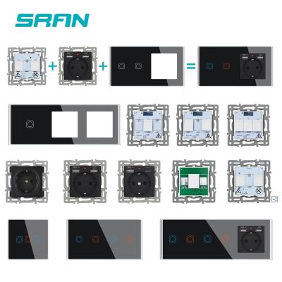 SRAN Wall Touch Switch 1/2/3Gang 1/2Way Wifi Light Switch Parts Glass Panel Frames EU  Usb wall Socket Black DIY Parts Only