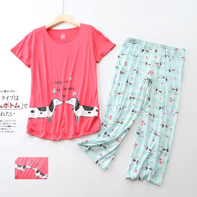 Dachshund Printed Pajamas for Women Knitted Sleepwear 2 Pcs Set Plus Size 3XL Short Sleeve Lounge Thin Summer T13809A