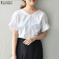 ZANZEA เสื้อคอวีแขนสั้นระบายสำหรับผู้หญิง,เสื้อเบลาส์สีพื้นลำลองคอวีสไตล์เกาหลี