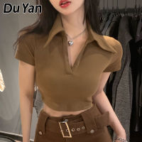 Du Yan เสื้อยืดสำหรับผู้หญิงอเมริกันย้อนยุคสาวร้อน Ins ใหม่สั้นแน่นเอวสูงบางด้านบน