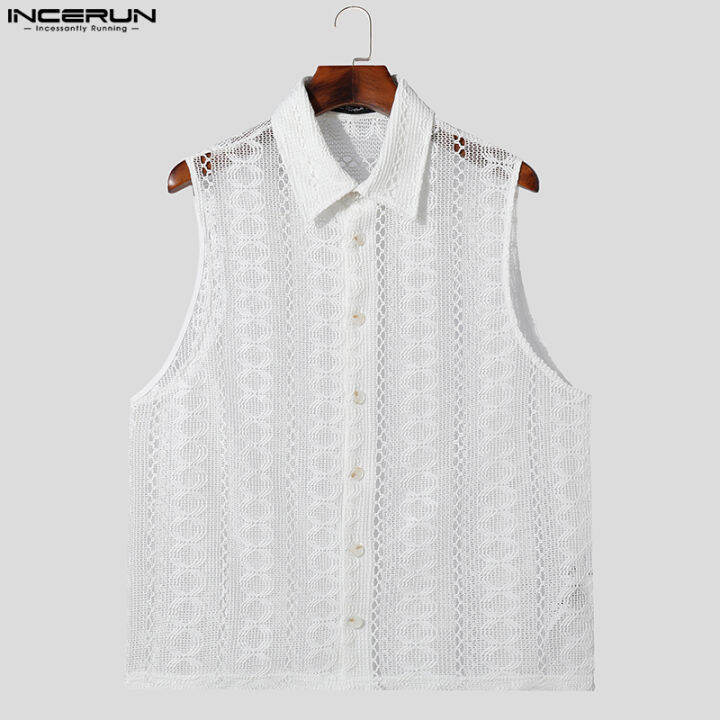 incerun-เสื้อแขนกุดกลวงออกลายดอกไม้สำหรับผู้ชาย-เสื้อเสื้อลูกไม้วินเทจปกอเนกประสงค์-สไตล์เกาหลี