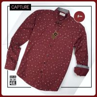 Capture Shirt เสื้อเชิ้ตผู้ชาย แขนยาว คอปก ลายอุปกรณ์ สีแดง มีถึงอก 48 นิ้ว