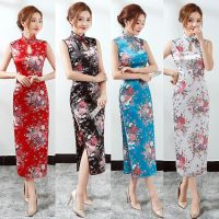 【CW】 Woman Floral Chinese Traditional Costumes qipao cheongsam long Split Dress Sleeveless Oriental Bodycon Satin Dress