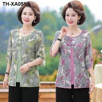 Mothers summer two-piece suit wide wife foreign style small shirt 40 years old and 50 middle-aged and elderly womens spring dress fashion chiffon top