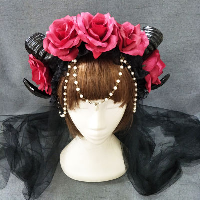 Gothic RAM Horns Headband Hair accessories Red Flowers Chain Crown Costumes Headdress Halloween Party Accessories