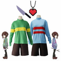 (บ้านคอสเพลย์) เกมอนิเมะ Undertale Frisk Chara ชุดคอสเพลย์อีกต่อไปเสื้อสเวตเตอร์แขนยาวคอปกสูงเสื้อผ้ากางเกงขาสั้นสร้อยคอมีด