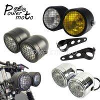 For Harley Cafe Racer Chopper Mesh Grill Dual Twin Dominator Headlight Front Head Lamp Mount Bracket Double Round H4 Lighting