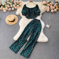 B407 Women New Fashion Square Collar Short Sleeve Floral Print Short Tops Shirts + Loose Trousers Wide-leg Pants Two-piece Sets