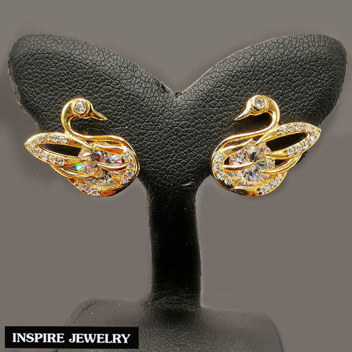 inspire-jewelry-ต่างหูหงส์-งานจิวเวลลี่-ฝังเพชรcz-ตัวเรือนหุ้มทองแท้-24k-พิเศษสำหรับคนแพ้ง่าย-ขนาด-1-2cm-เพิ่มความสง่างาม-เสริมพลังความสุข-พร้อมถุงกำมะหยี่