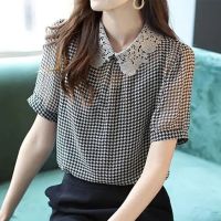 Summer Houndstooth Lace Chiffion Shirt Women Patchwork Fashion Pullover Elegant Short Sleeve Tops Loose Casual Female Clothes