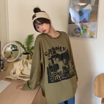 Retro Fashion Graffiti Letter Print Harajuku Oversized Long Sleeve T-shirt Women Y2K Loose Trend Streetwear Sweatshirt Women