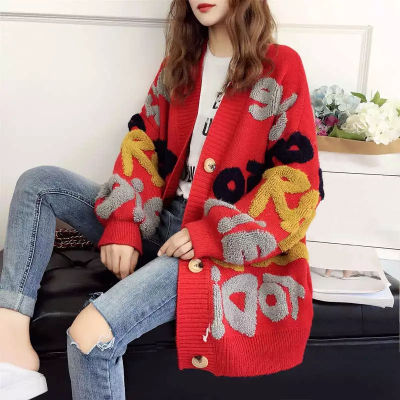 Letter Pattern Knitted Sweater Women Winter New Korean Oversized Long Sleeve Single Breasted Thick Fashion Loose Cardigan