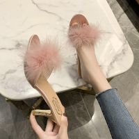 ✶ 2023 Woman Feather High Heels Pointed Toe Slippers Fashion Sandals Women Open Toe Pumps Slides White Pink Black Size 35-43