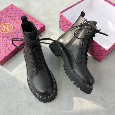 2023 new Tory Burch Black leather side zip casual all-match platform lace up Martin boots ankle boots