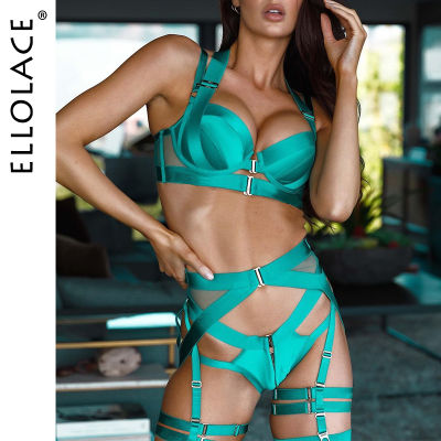 Ellolace y Lingerie Fancy Underwear Garter Belt 4-Piece Intimate Goods Halter With Bow Seductive Exotic Brief Sets