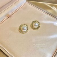 [COD] Gold round pearl earrings female Korean temperament net red high-end diamond niche design light luxury