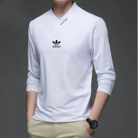 Adidase∮ Ice Silk Long Sleeve Plain T-Shirt For Men Breathable V Neck Loose Bottoming Shirt