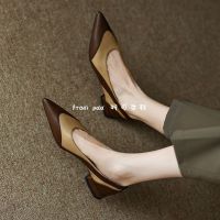 top●Huilm, womens high heel heel height 1cm 2022 ins new soft leather color block vintage handmade womens shoes pointed office shoes