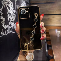 Maitus เคส C30 Realme C30s / Realme พร้อมสร้อยข้อมือโคลเวอร์สี่แฉกกรอบสี่เหลี่ยมแวววาวกรอบด้านหลังเป็นป้องกันซิลิโคนเคสมือถือชุบ6D หรูหรา