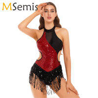 Tango Latin Cha-Cha Samba เครื่องแต่งกายสตรีประกายเลื่อม Fringed Dance Leotard ชุดแขนกุด Ballroom Waltz Dance Leotard