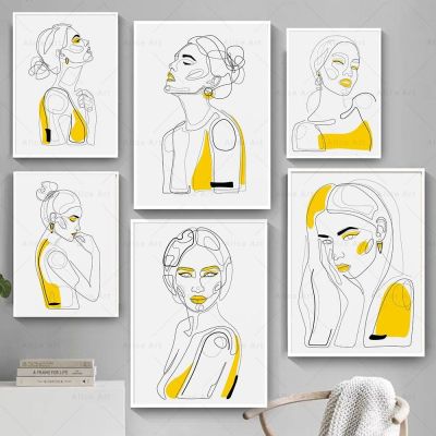 Sexy Female Body Naked Nude Canvas Painting Line Art Poster Woman Yellow Prints Abstract Wall Art Pictures Bedroom Home Decor