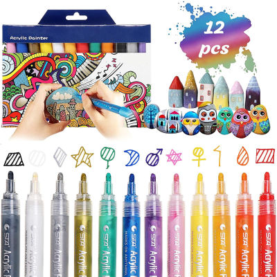 12 Pack Acrylic Paint Pens for Rock Painting,Ceramic,Glass,Wood,Fabric,Canvas,Mugs,DIY Scrapbooking &amp; Card Craft Making Supplies