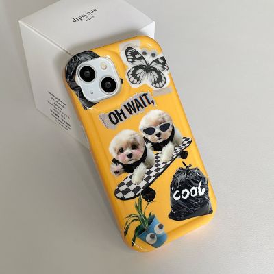 INS Chao Cool Scooter Dog Phone Case สำหรับ iPhone14 Promax เคสโทรศัพท์สุนัขน่ารักสำหรับ iPhone12 กรอบรูปใหม่ IMD Phone Case สำหรับ iPhone13Pro เคสซิลิโคนสีเหลืองสำหรับ iPhone11 เคสผีเสื้อสีดำสำหรับ iPhone14