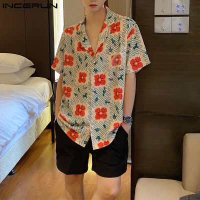 INCERUN เสื้อยืดสำหรับผู้ชายเสื้อฮาวายพิมพ์ลายดอกไม้เสื้อยืดลำลองใส่ไปชายหาด (สไตล์เกาหลี)