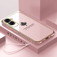 GGK เคสสำหรับ Honor 90 5G 90 Lite 5G ฟรีสายคล้องใบเมเปิลลายขอบสี่เหลี่ยมเคสโทรศัพท์ชุบหรูหราชุบเคสโทรศัพท์นิ่ม