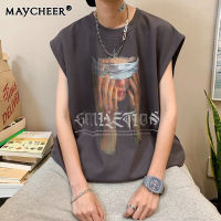 MAYCHEER   เสื้อกล้ามเสื้อยืดแขนกุดผู้ชายผ้าฝ้ายสีดำแนวย้อนยุคเทรนด์กีฬาฤดูร้อนของผู้ชาย