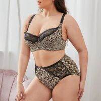 Xiushiren Womens Leopard Lace Underwear Set 36D-46G Plus Size Minimizer L-5Xl Big Weight Woman Briefs Unlined Thin Lingerie