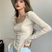 [COD] irregular long-sleeved T-shirt womens 2022 autumn new temperament U-neck self-cultivation and thin inner solid top