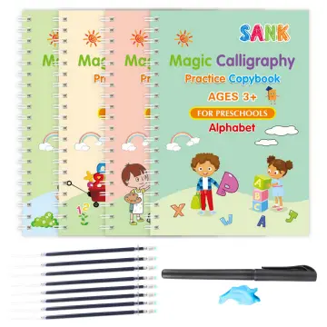 2Pcs English Reusable Groove Calligraphy Boot Method Alphabet Words Letters  Practice Copybook with Pen Refills Set for Beginners