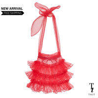 TandT - FALLING LOVE RED Bag - LAYERED RUFFLED TULLE BAG  กระเป๋าถือ สายหูรูด ทรงขนมจีบ ตกแต่งรูดชั้นระบาย สายผูกโบว์ ผ้าตาข่ายสีแดง