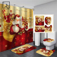 Red Santa Claus Printed Christmas Shower Curtain Set with Bath Mat Anti-slip Car Bathroom Partition Waterproof Home Decor