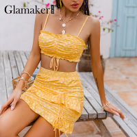 Glamaker Sleeveless 2 piece suit set women sexy crop top and ruffles skirts Summer fashion holiday beach yellow mini slim dress