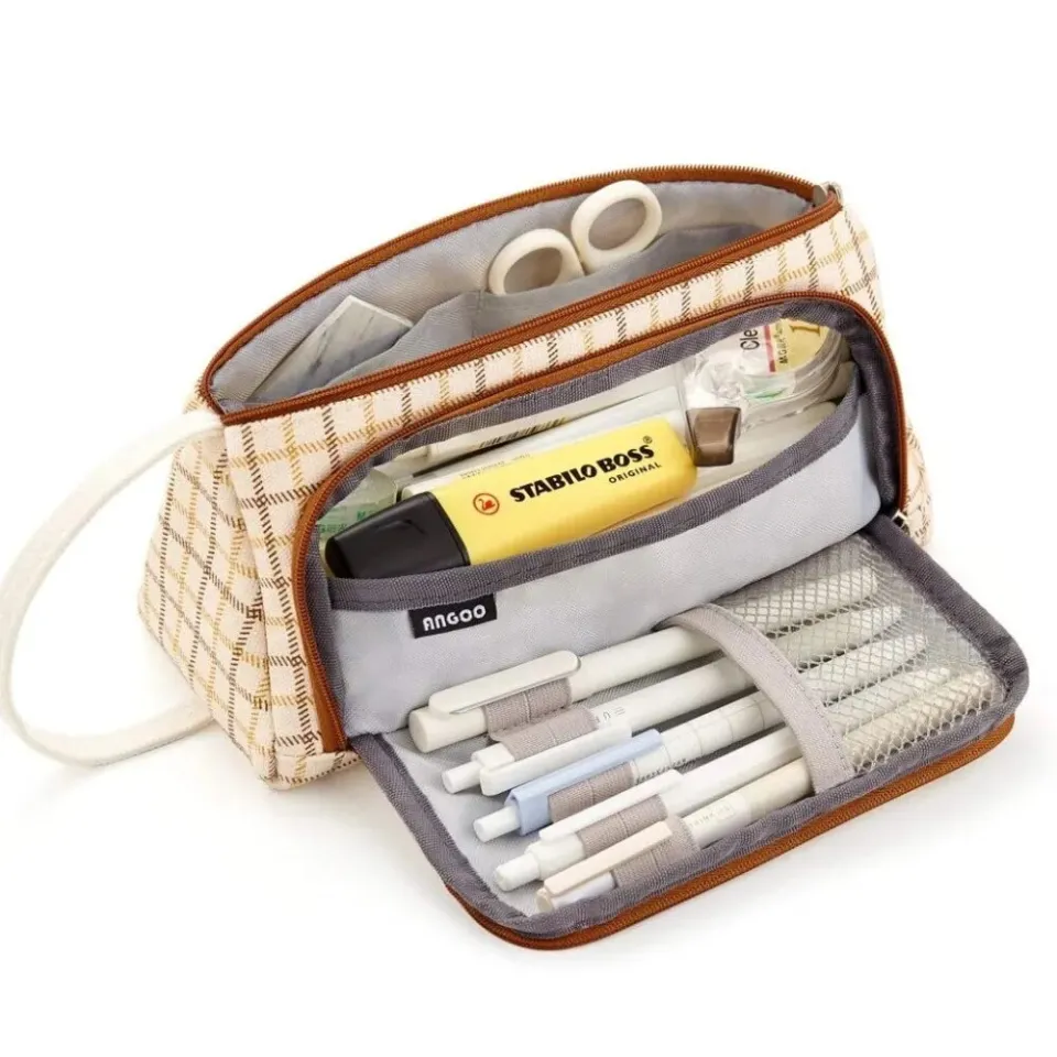 Angoo [Special] Grid Pen Pencil Case, Multi Slot Plaid Storage Bag