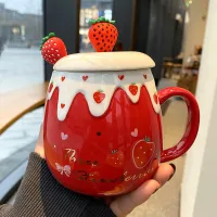 Japanese Lovely Ceramic Cup Girl Heart Spoon Mug Strawberry Large Capacity Creative Home Breakfast Oatmeal Cup Milk Coffee Mug